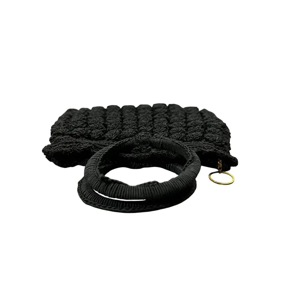 Vintage Black Crocheted Popcorn Stitch Handbag Small Purse Mid Century Used - Picture 3 of 16
